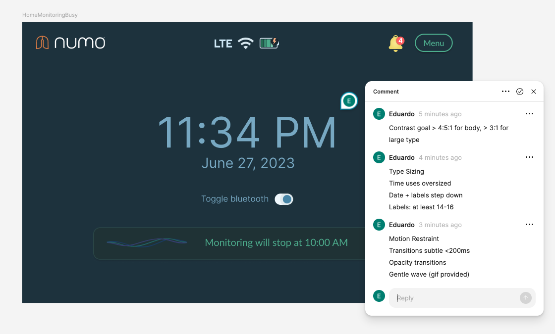 Annotated Curie AI patient interface highlighting contrast, type sizing, focus states, and restrained motion